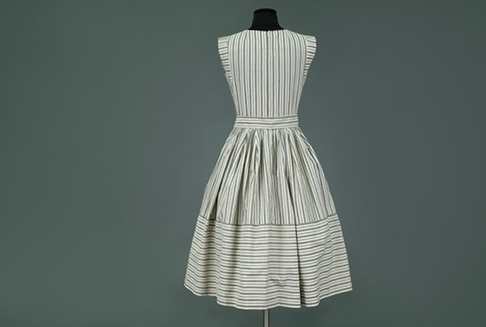 Image of Gray and white striped denim dress, worn by Olive Smith, 1950s